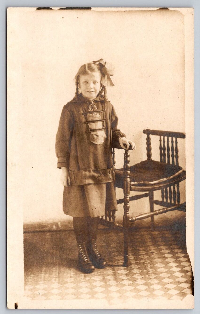 Antique RPPC Little Girl Portrait Ruth Norcutt Age 8 1910s Real Photo Postcard